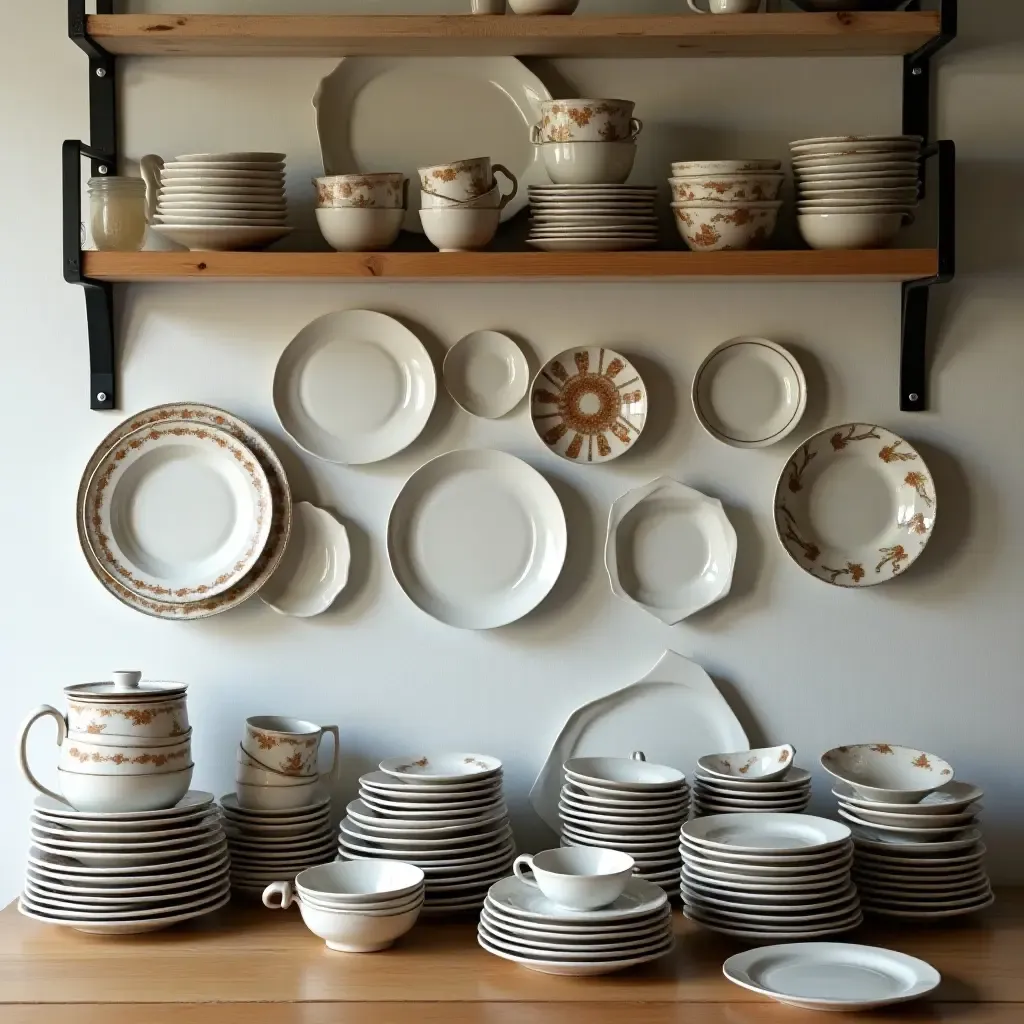 a photo of a kitchen with a collection of mismatched plates