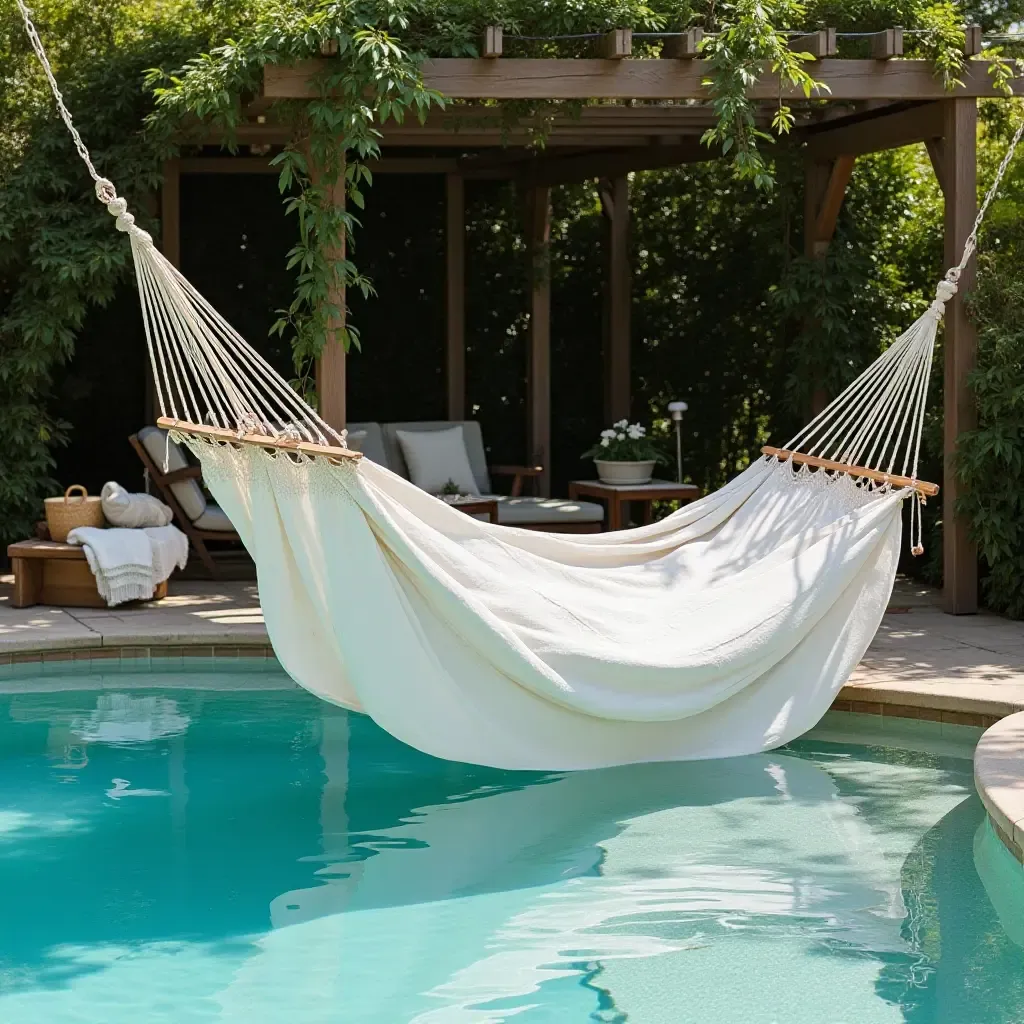 a photo of a DIY poolside hammock made from old sheets