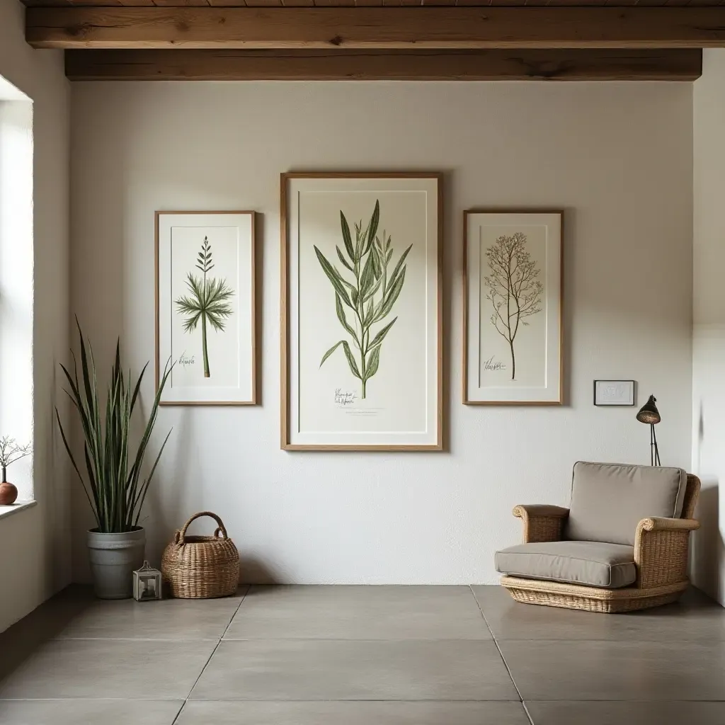 a photo of a basement wall with a series of framed botanical illustrations