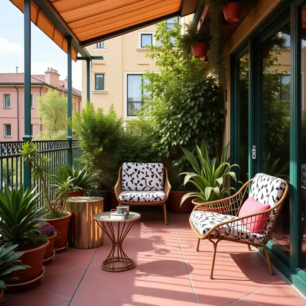 a photo of a vibrant balcony featuring metallic chairs and lush plants