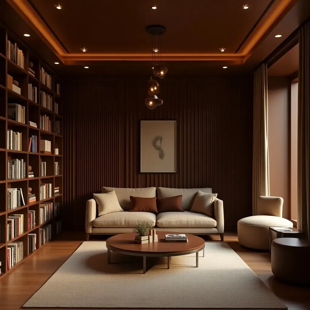 a photo of a cozy chocolate brown and cream library with warm lighting