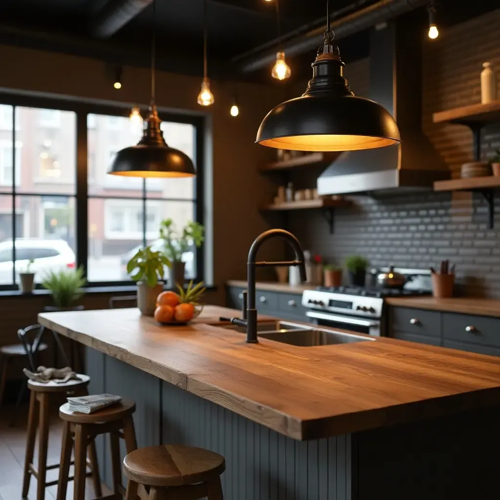 a photo of industrial-style pendant lighting in an urban kitchen