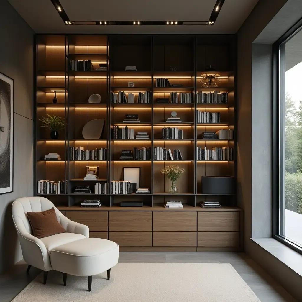 a photo of a modern library featuring minimalist metal shelves