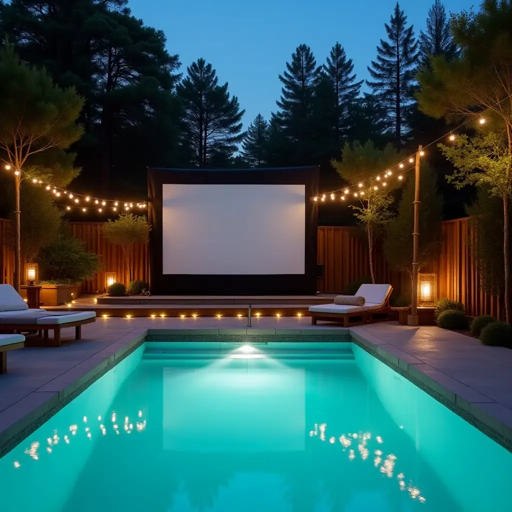 a photo of a chic outdoor movie setup next to a sparkling pool