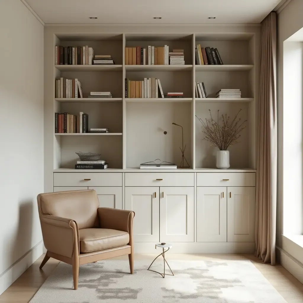 a photo of a minimalist small library with neutral tones