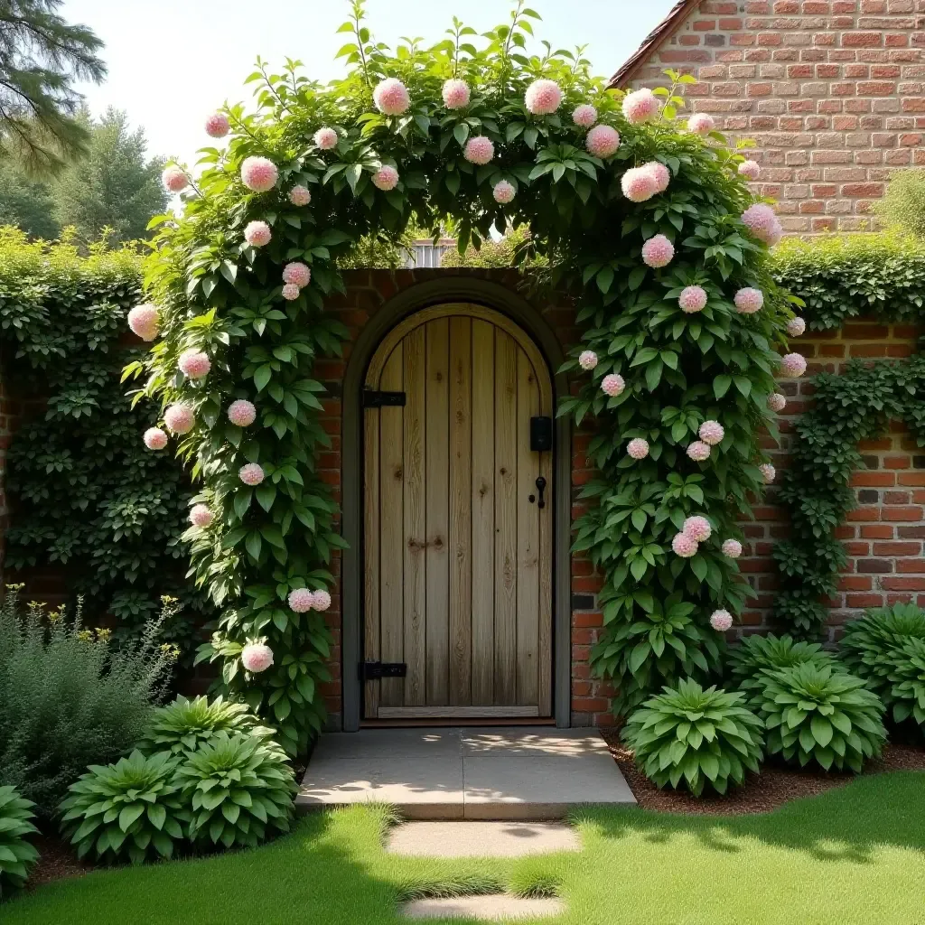 a photo of a garden wall with a beautiful trellis and flowering vines