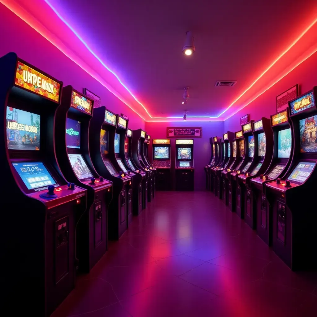 a photo of a basement game room featuring retro arcade games and bright neon colors