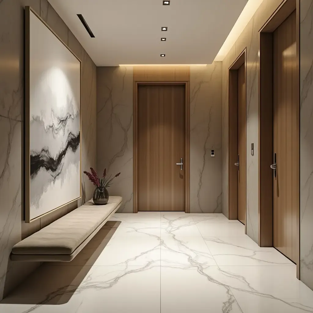 a photo of a contemporary entrance hall with a unique layout and sleek finishes