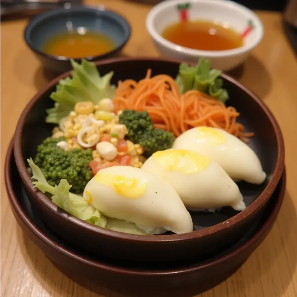 a photo of a unique Japanese breakfast with onigiri, tamagoyaki, and a small bowl of miso soup.