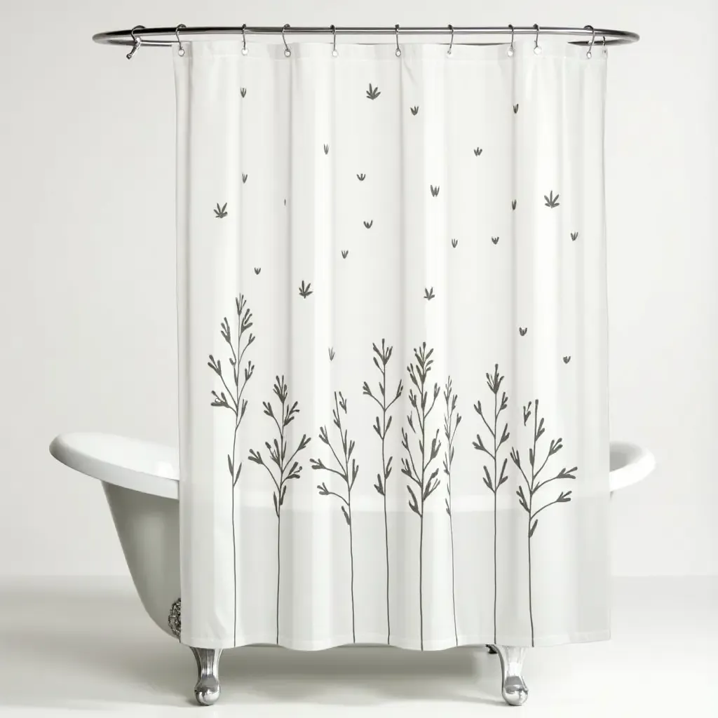 a photo of a whimsical shower curtain with nature prints