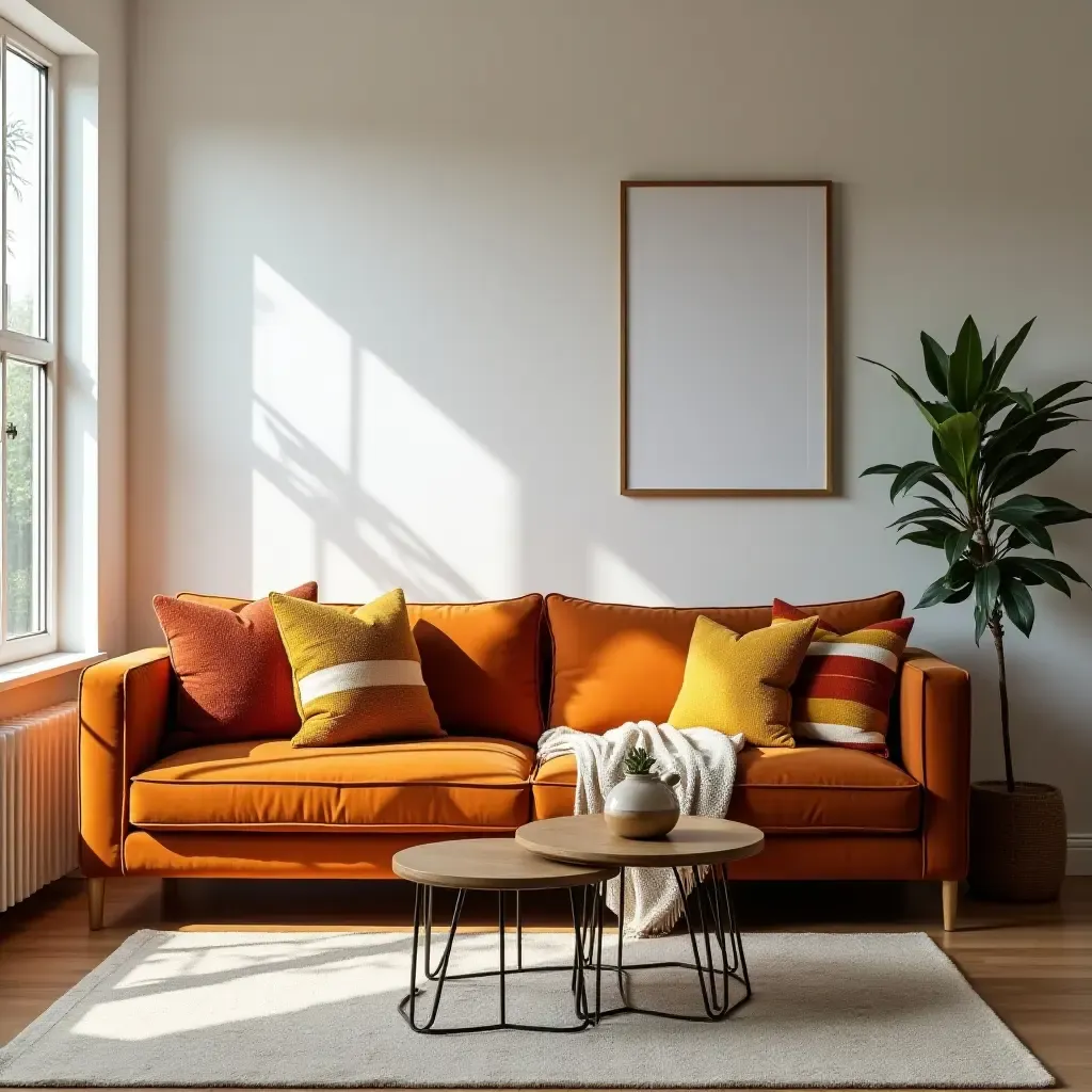 a photo of a living room with a cognac couch and vibrant throw pillows