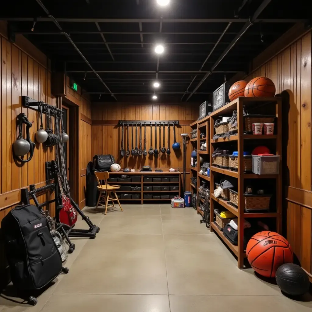 a photo of a basement with an organized sports equipment area