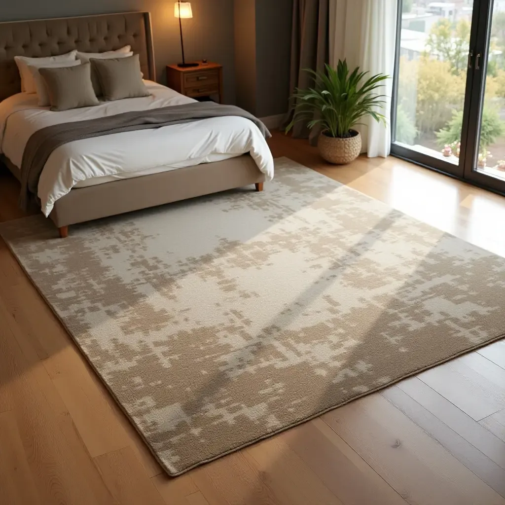 a photo of a warm-toned area rug complementing a wooden floor in a master bedroom