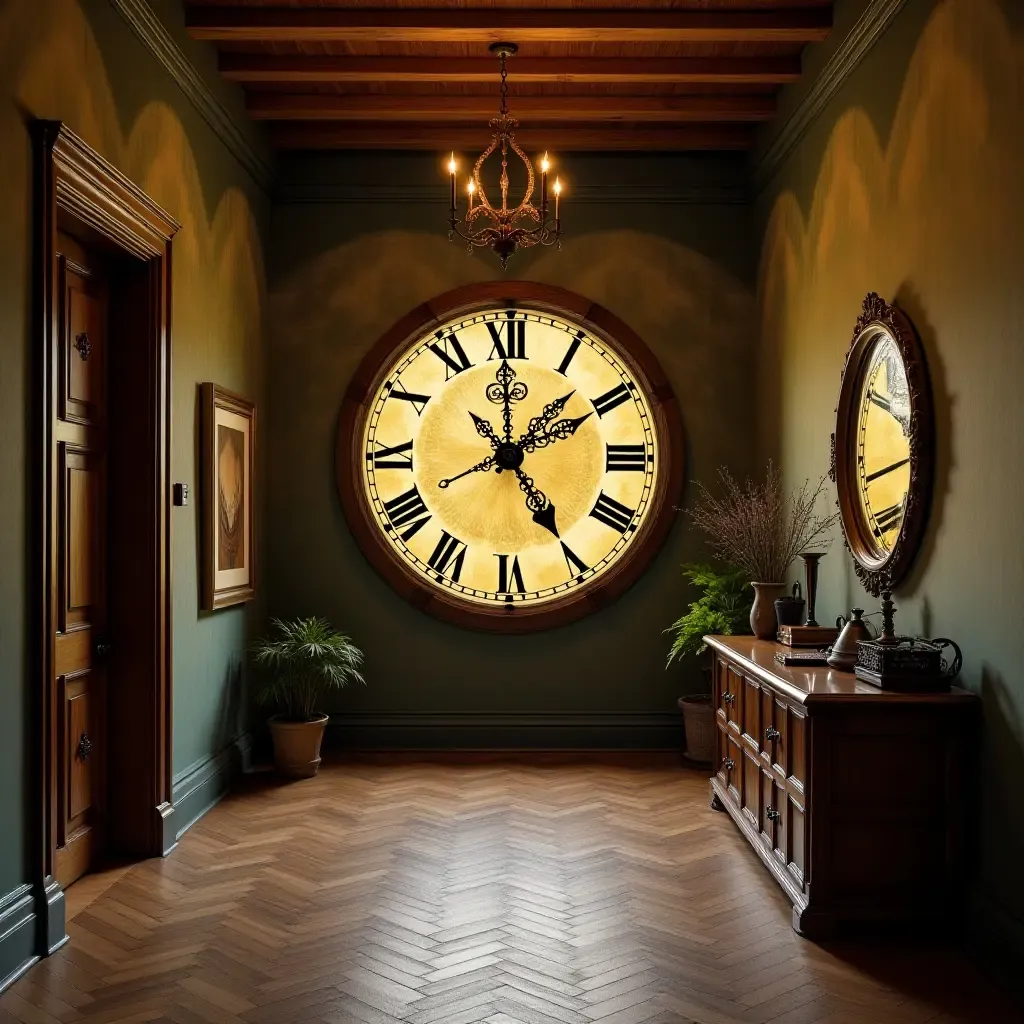 a photo of an entrance hall with a whimsical clock that tells stories instead of time