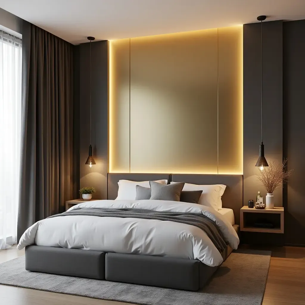 a photo of a modern bedroom featuring a metallic accent wall