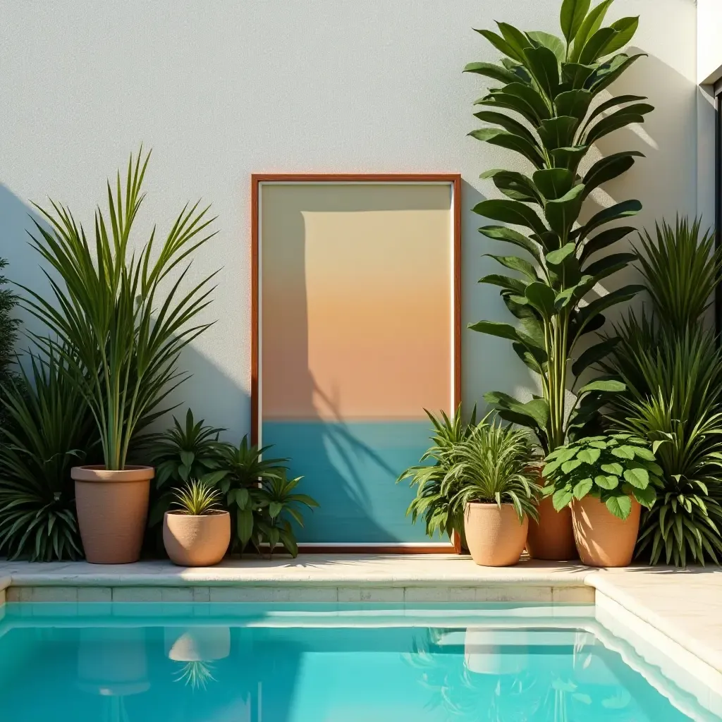 a photo of a poolside art display with plants as decor