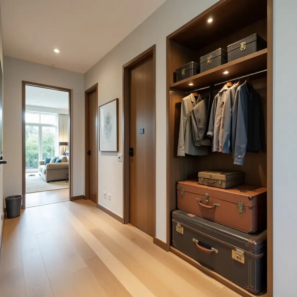 a photo of a corridor with a unique storage solution using old suitcases