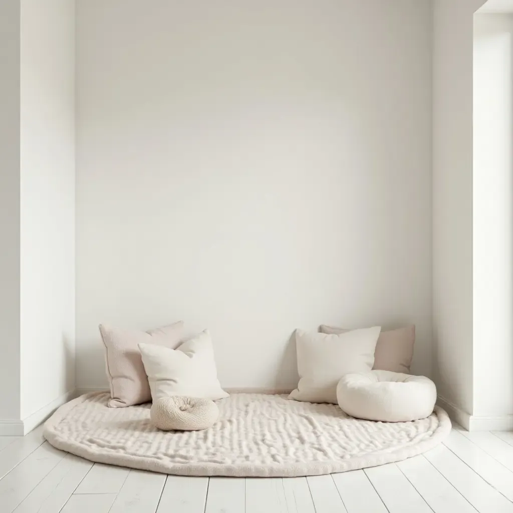 a photo of a minimalist space for children with a monochromatic color scheme and soft textiles