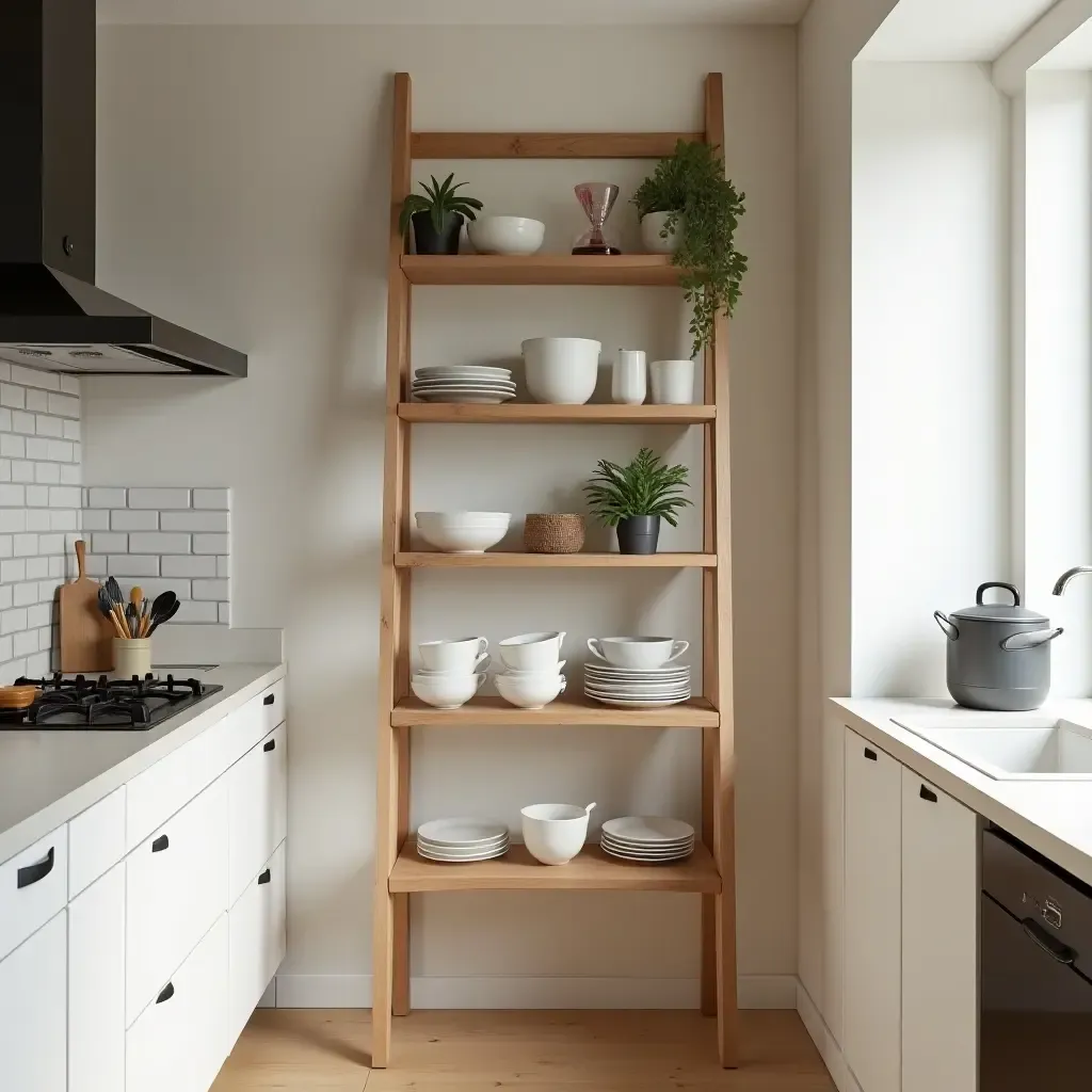 a photo of a wooden ladder used for kitchen storage