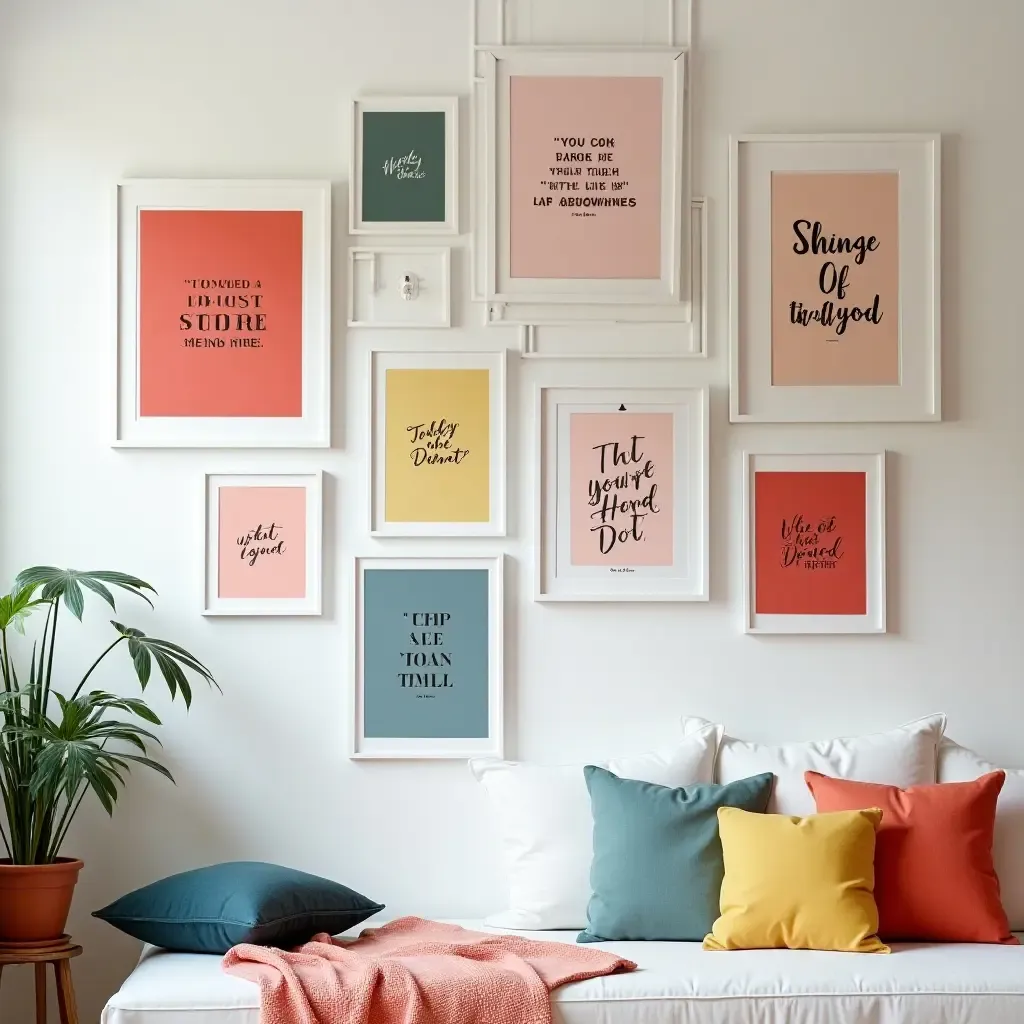 a photo of a gallery wall with inspiring quotes and bright colors