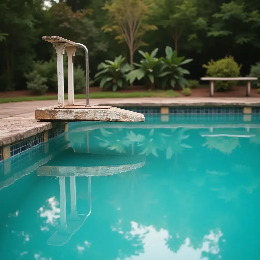 a photo of an antique diving board with a colorful pool below