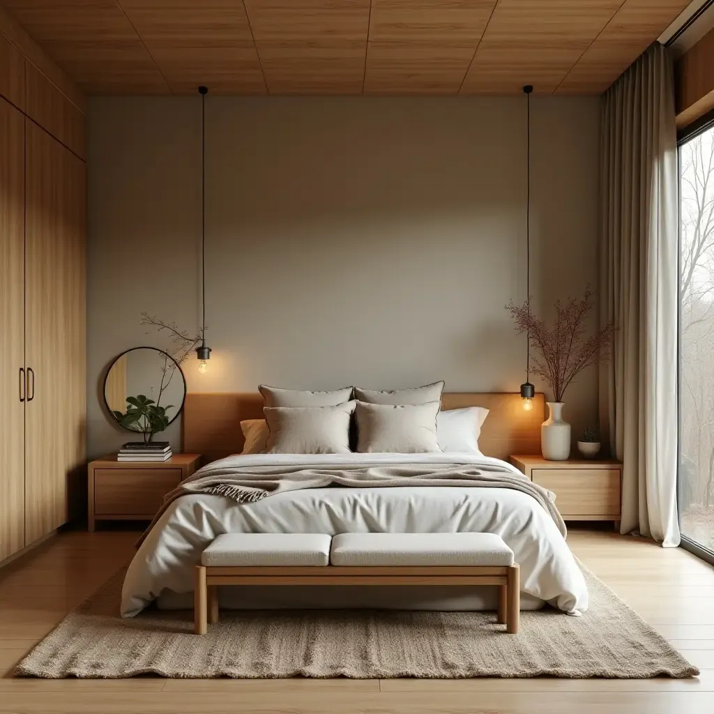 a photo of a bedroom featuring earthy tones and natural wood elements