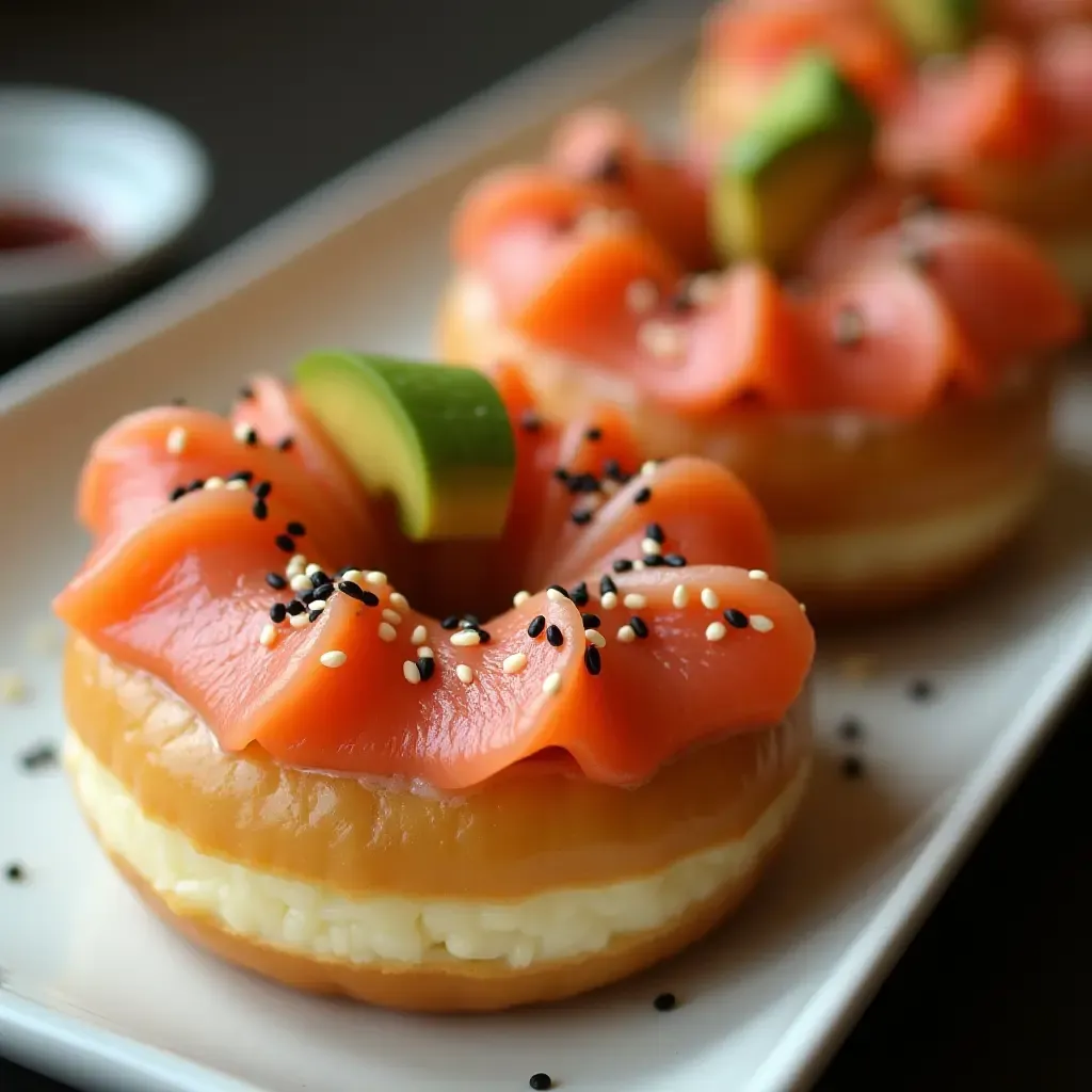 a photo of sushi donuts topped with sashimi, avocado, and sesame seeds on a plate.