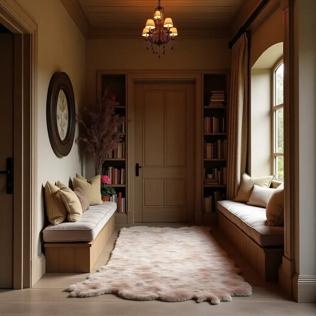 a photo of a cozy entrance hall with a fairy tale book nook and plush seating