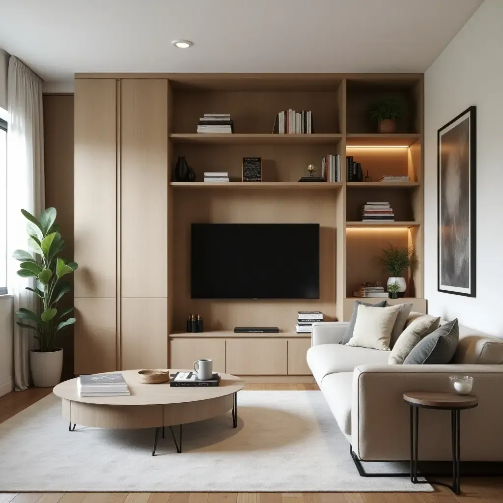 a photo of a compact living room with clever storage solutions