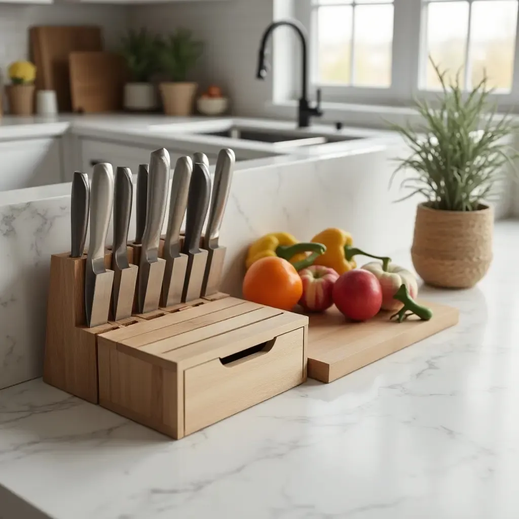 a photo of a countertop featuring a stylish knife block and cutting board