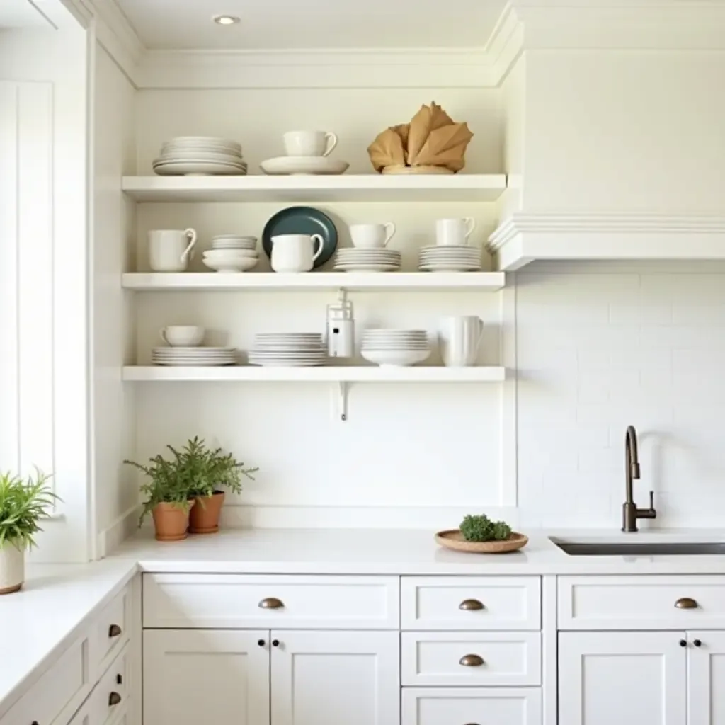 a photo of a bright kitchen with stylish open shelving and decorative dishware