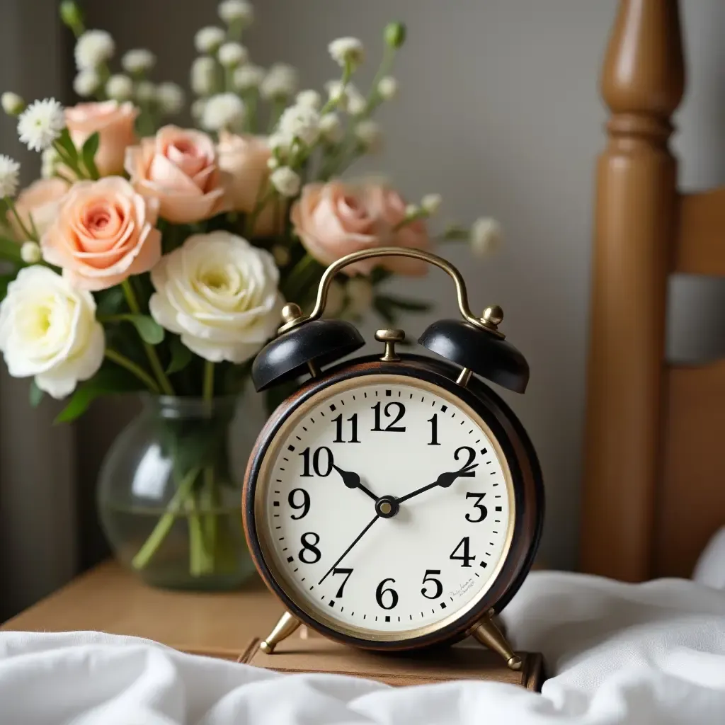 a photo of a vintage-style clock on a bedside table with flowers