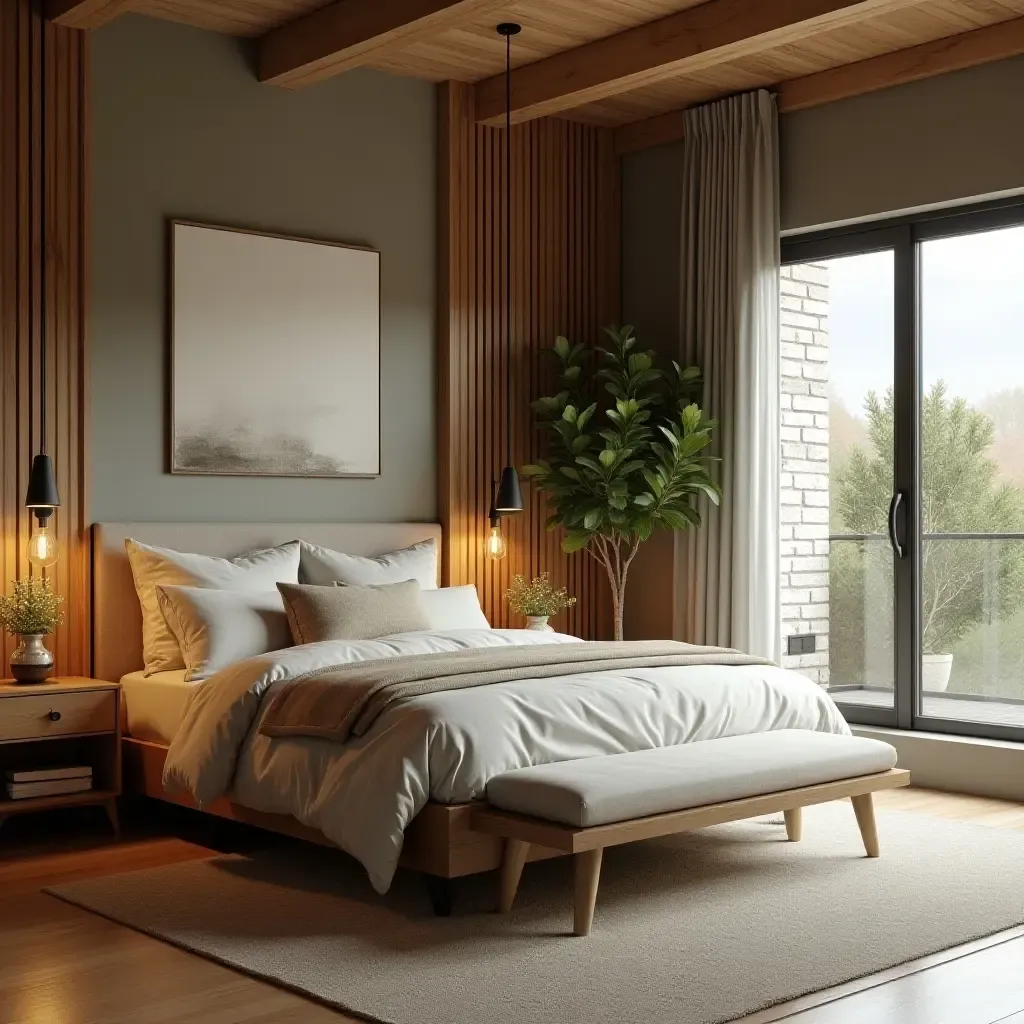 a photo of a warm bedroom with wooden accents and greenery