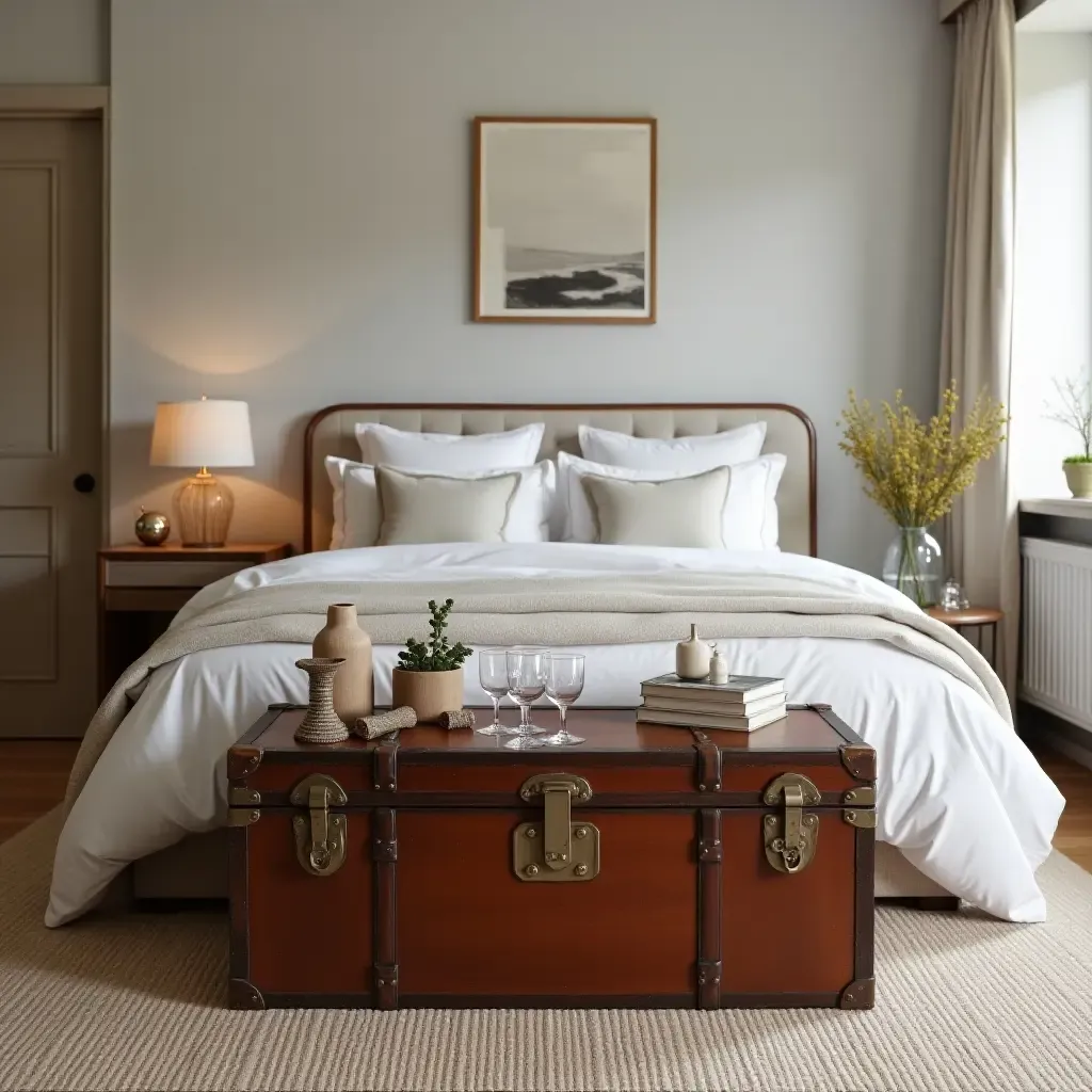 a photo of a stylish bedroom with a vintage trunk as a coffee table