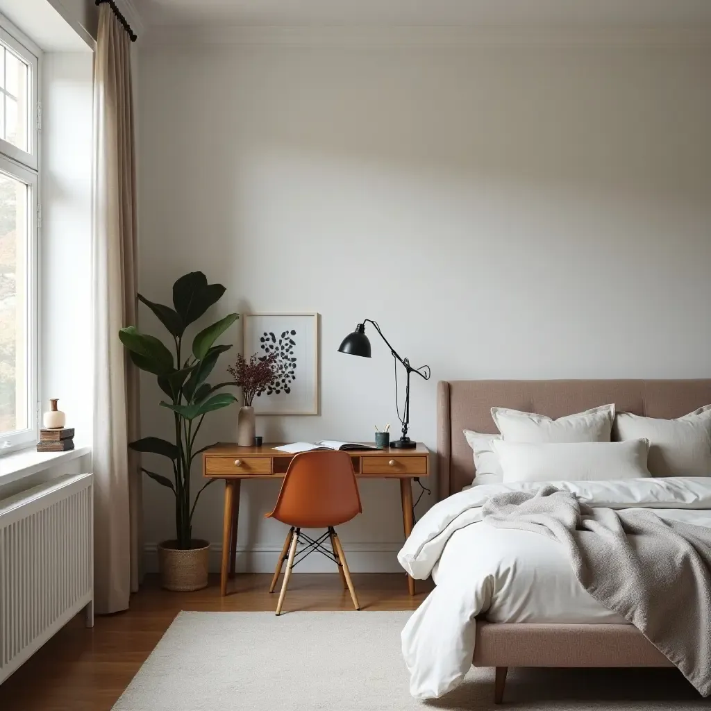 a photo of a modern bedroom with a vintage writing desk in the corner