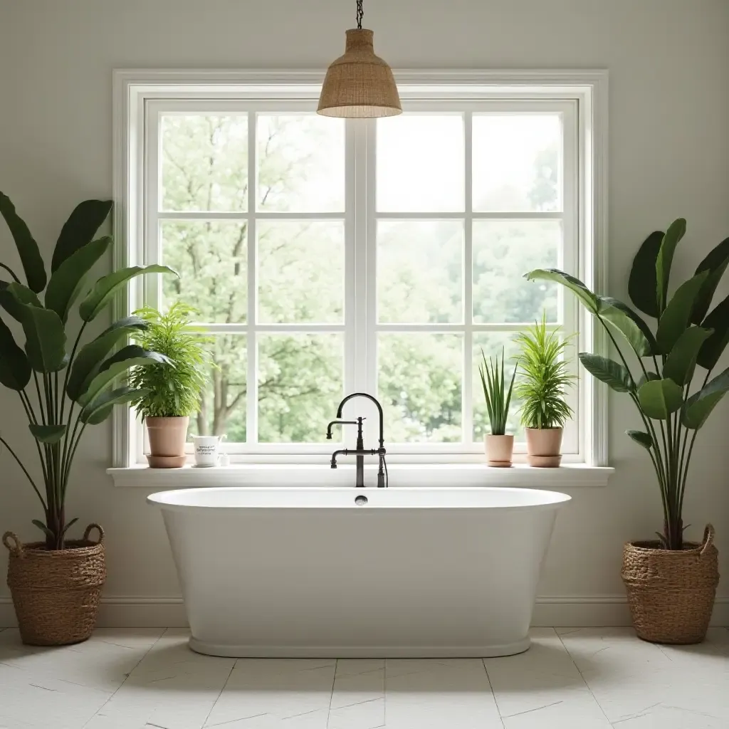 a photo of a serene farmhouse bathroom with a large window and potted plants