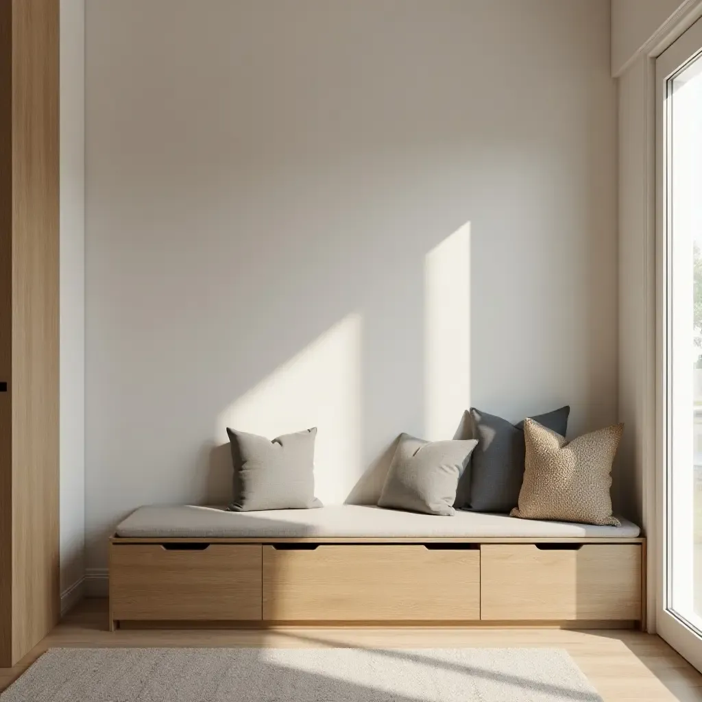 a photo of a wooden bench with storage in a corridor