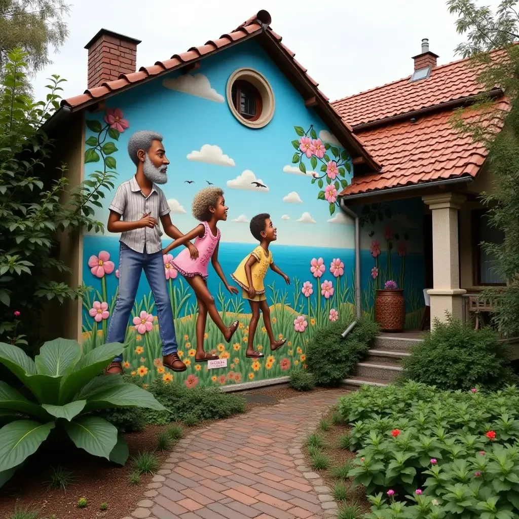 a photo of a mural that tells a story in a garden