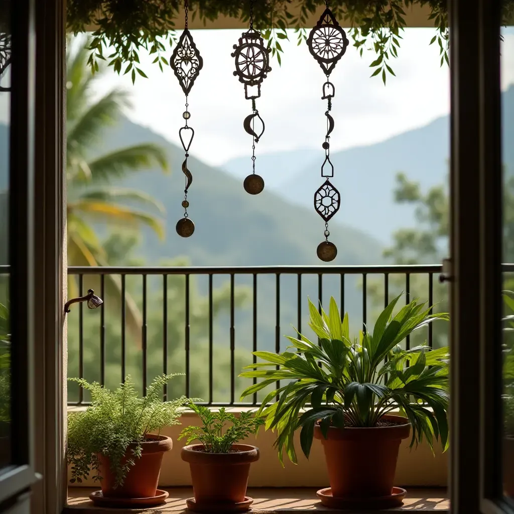 a photo of a balcony with metallic wind chimes and tropical plants