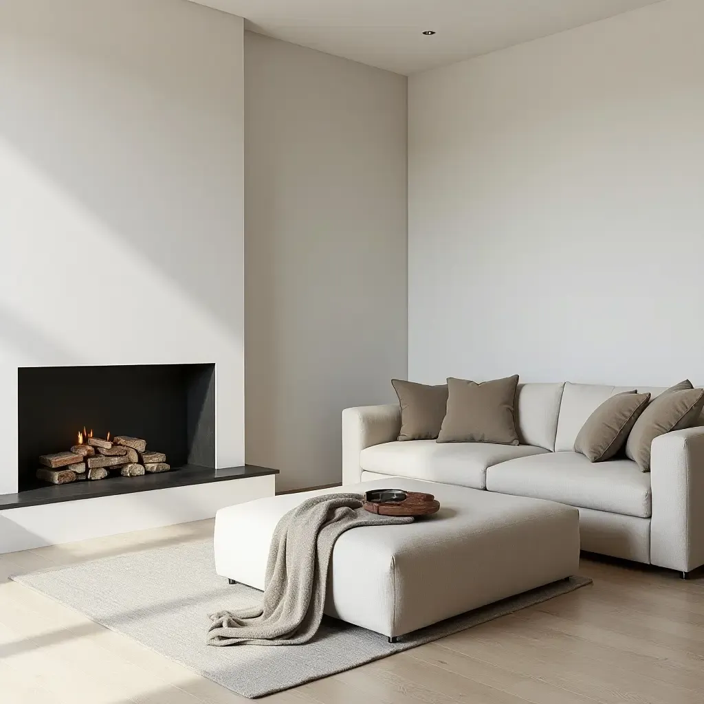 a photo of a minimalist living room showcasing a sectional and a contemporary fireplace