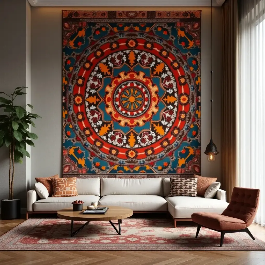 a photo of a living room featuring a large, colorful tapestry