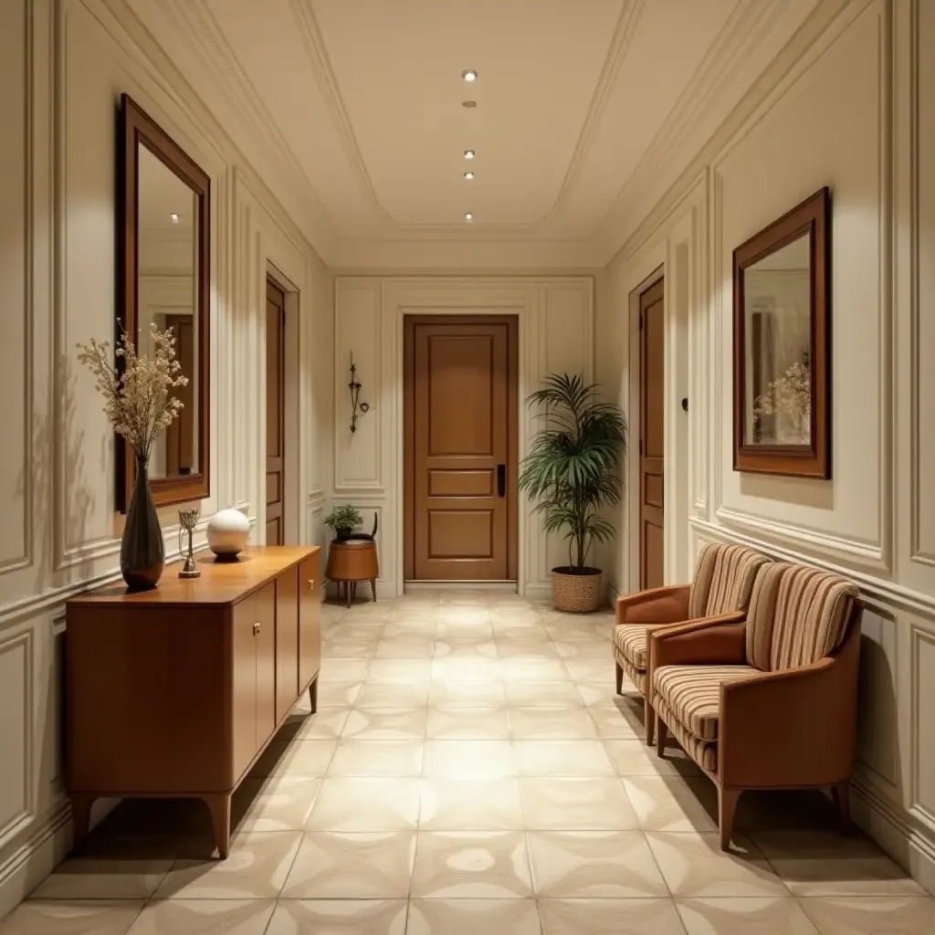 a photo of a hallway featuring vintage art deco furniture