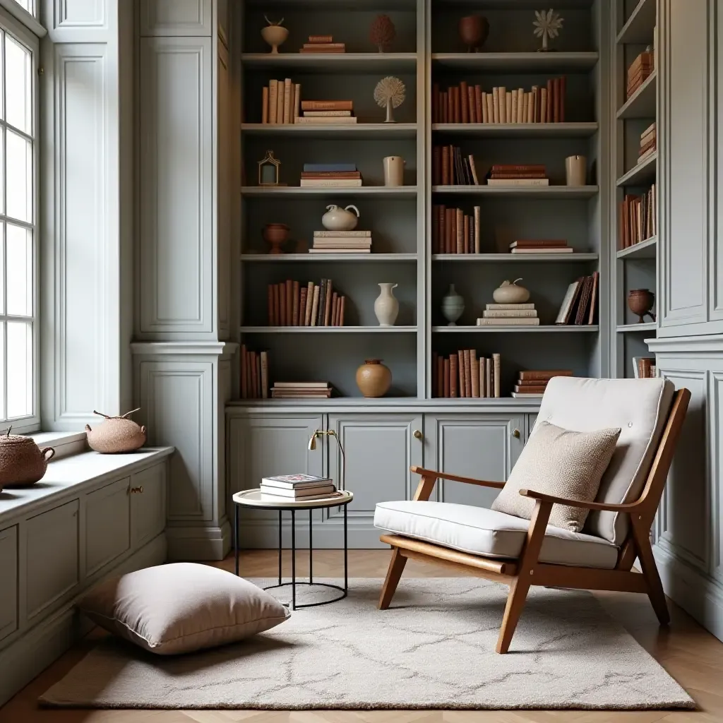 a photo of a library corner with a Scandinavian-inspired rug and cushions