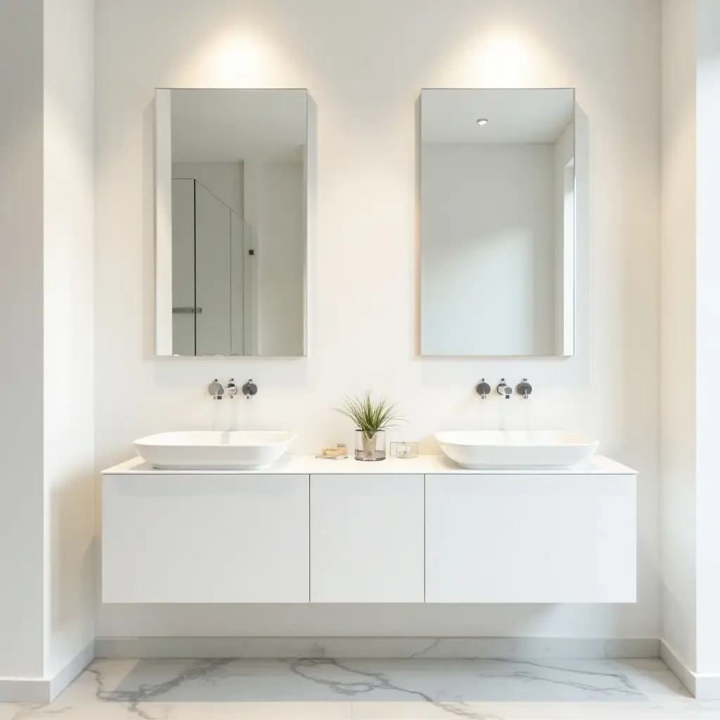 a photo of a minimalist bathroom with mirrored cabinets and bright walls