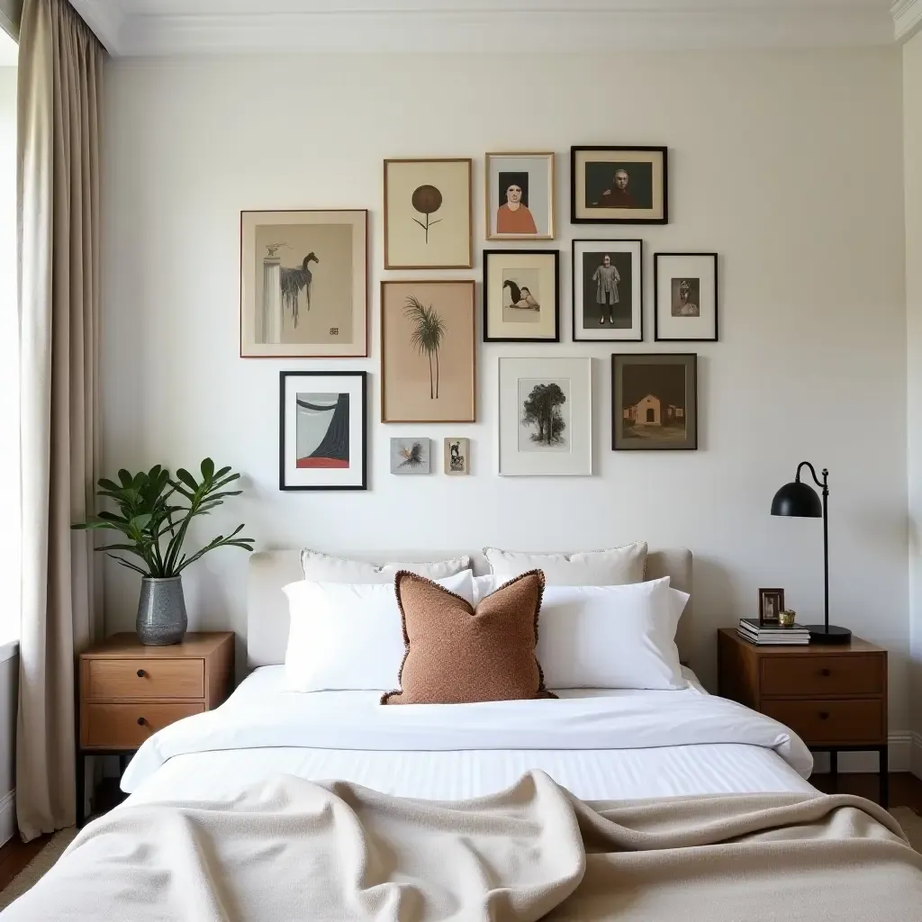 a photo of a serene bedroom with a gallery wall of eclectic art pieces