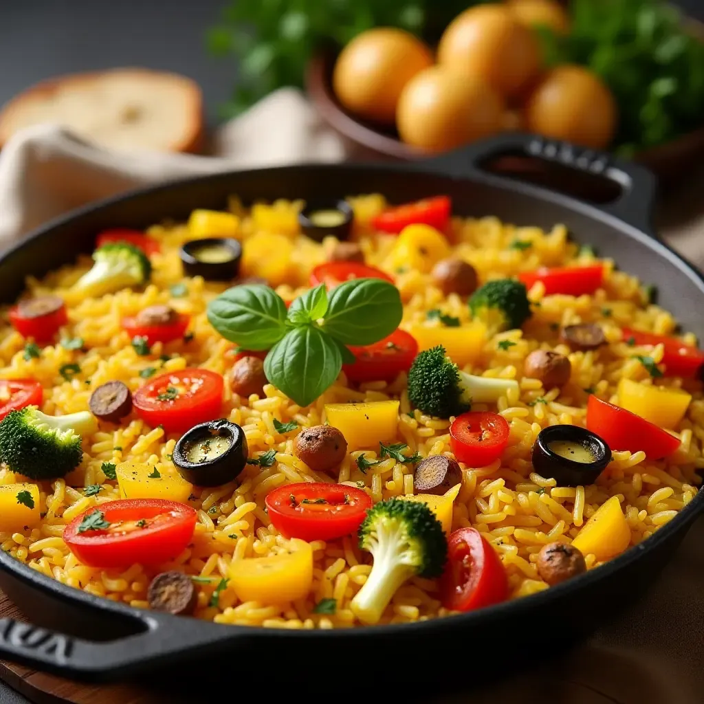 a photo of colorful Spanish vegetarian paella with saffron rice and fresh vegetables