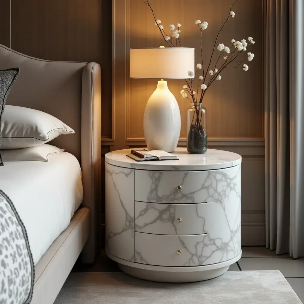 a photo of a luxurious marble bedside table with elegant decor