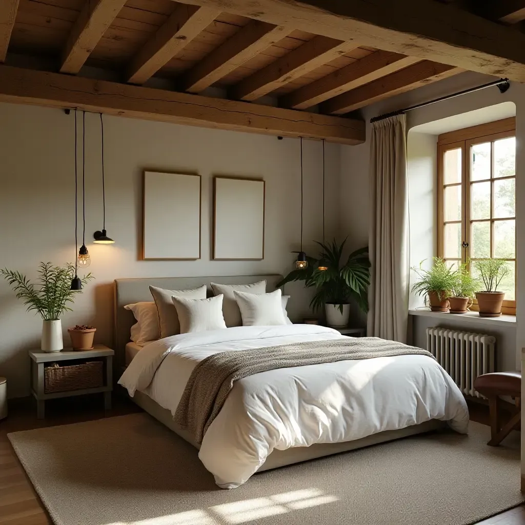 a photo of a rustic bedroom with wooden beams and potted herbs