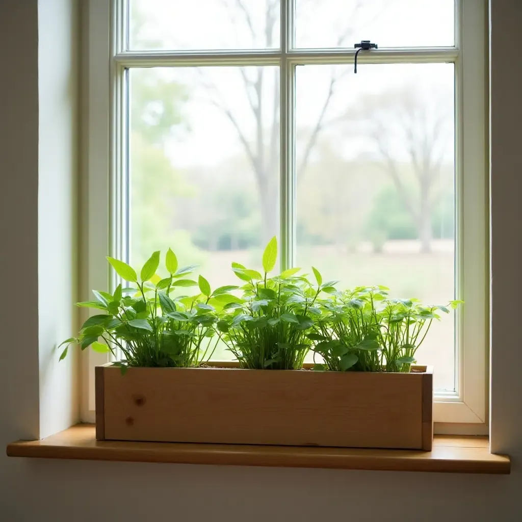 a photo of a wooden planter in a kitchen window