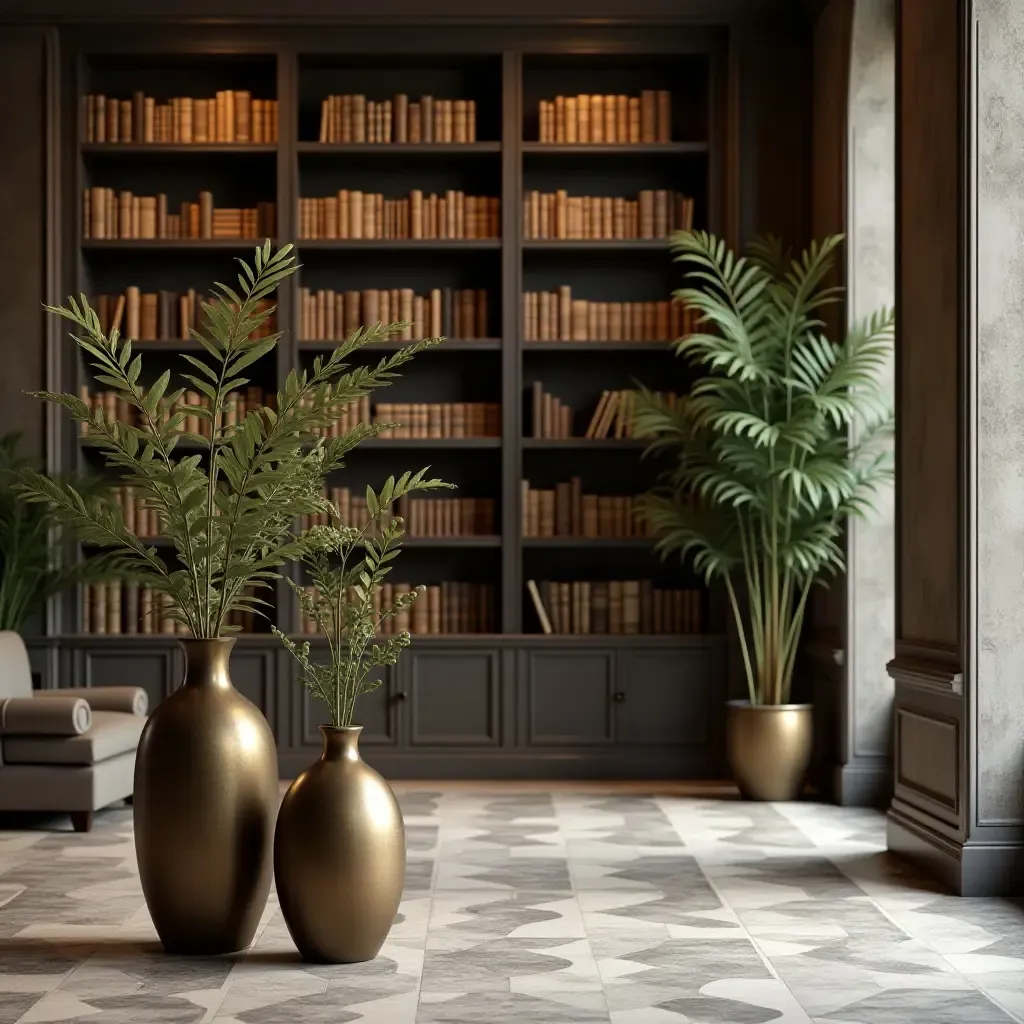 a photo of a library with metallic vases and elegant plants